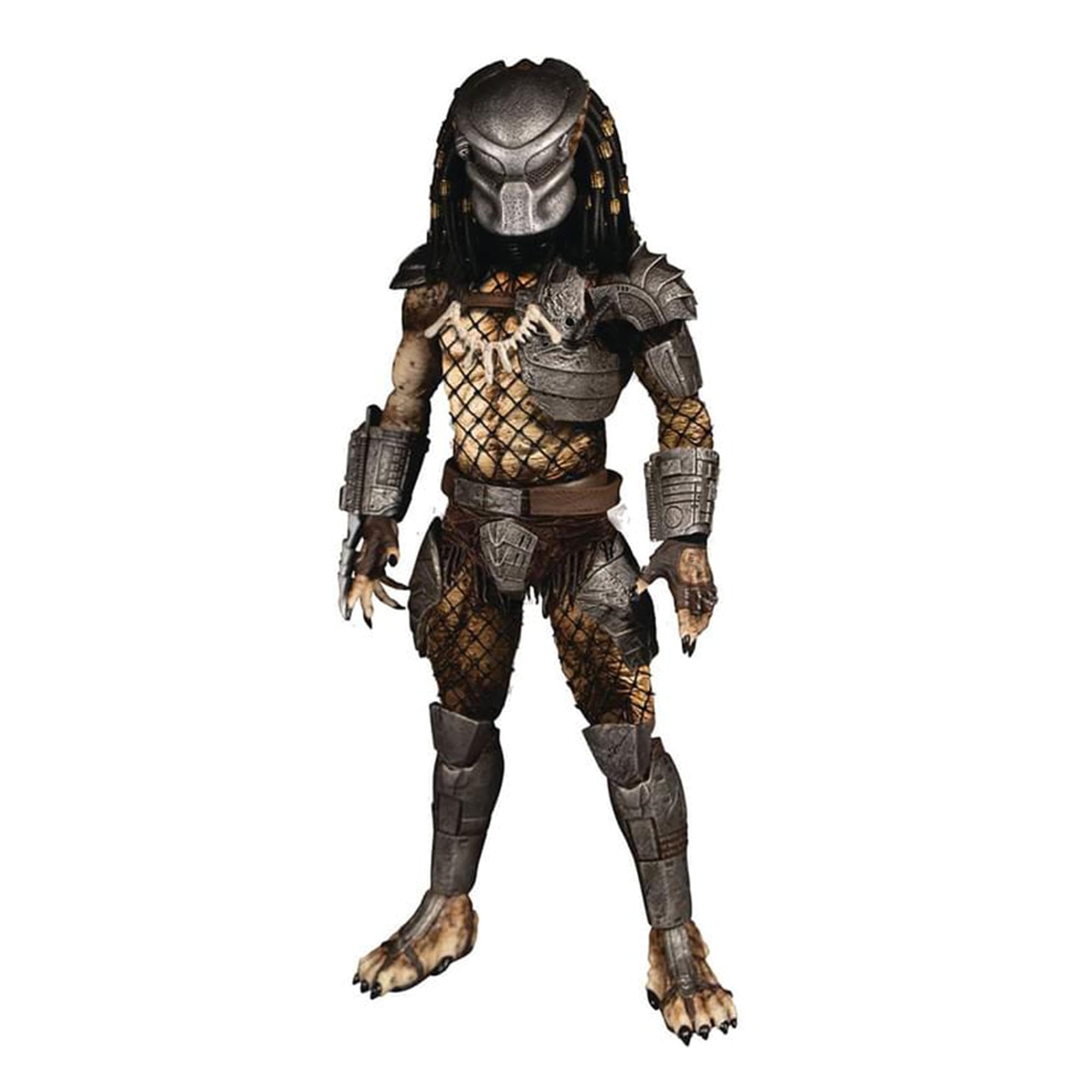The Mezco Toyz Predator One:12 Collective Deluxe Edition Action Figure features armored gear, a mask, net-patterned bodysuit, and dreadlock-like hair, standing upright against a white background.