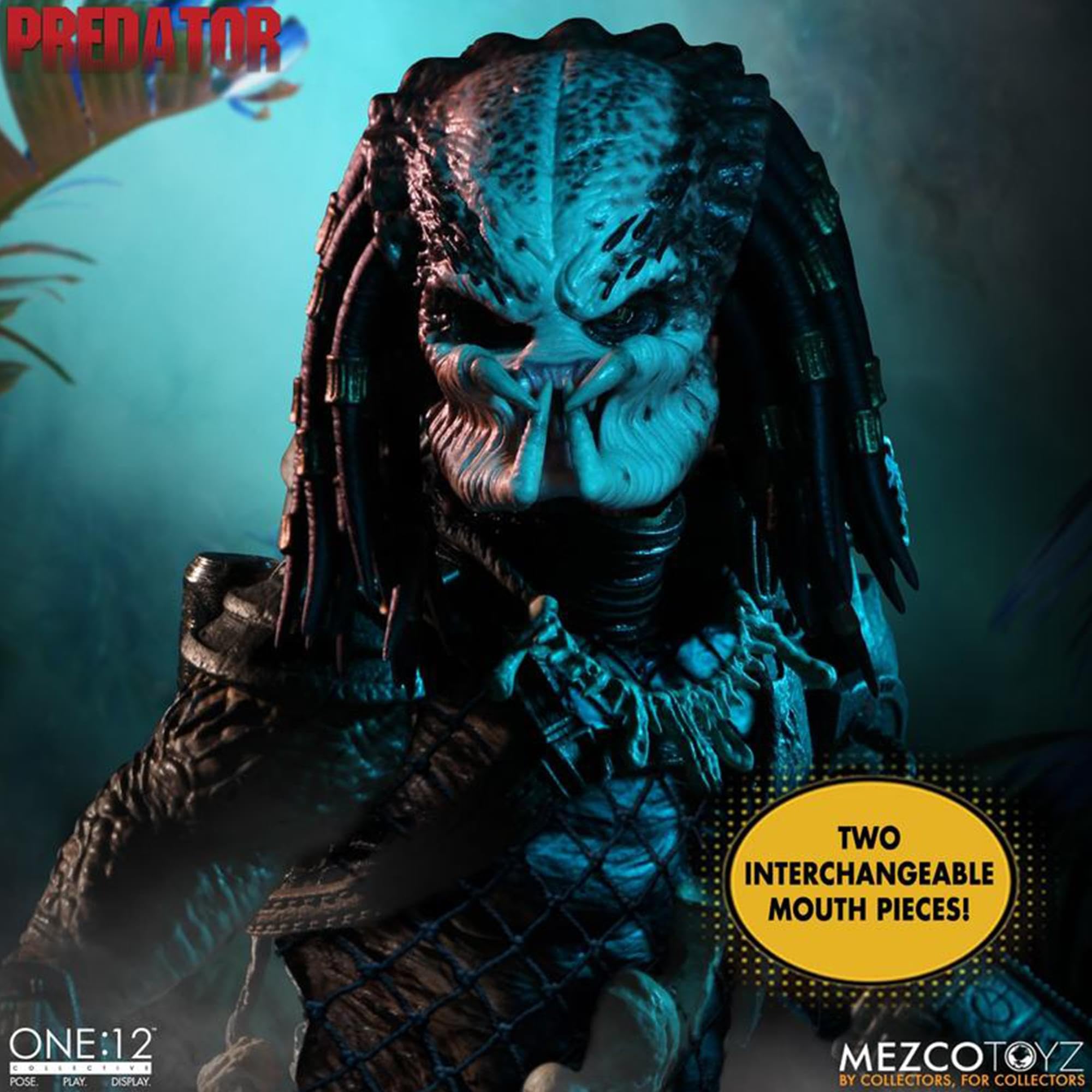 Predator action figure with interchangeable mouth pieces on a dark background