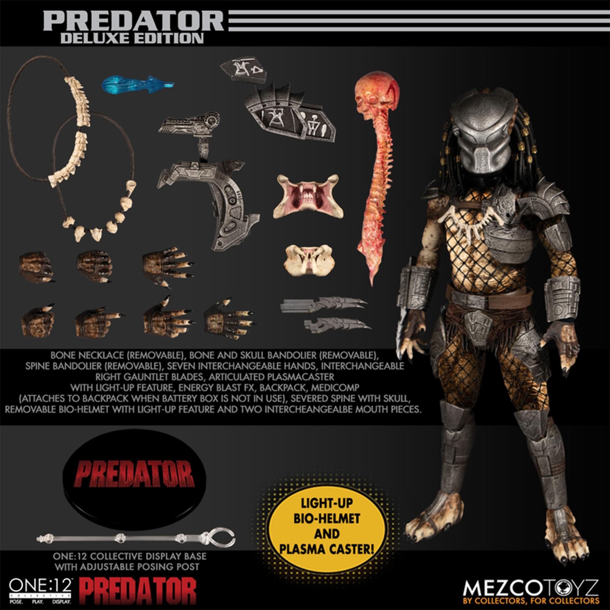 Predator action figure with accessories on a black background, featuring Mezco Toyz branding.