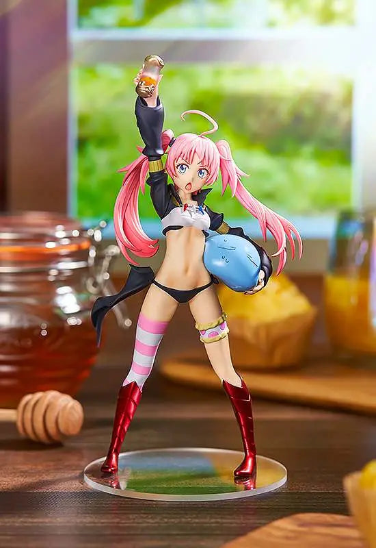 The Good Smile Company POP UP PARADE: That Time I Got Reincarnated as a Slime - Milim Nava figure stands confidently with a blue slime and small jar, set against blurred honey jars, muffins, and warm sunlight in the background.