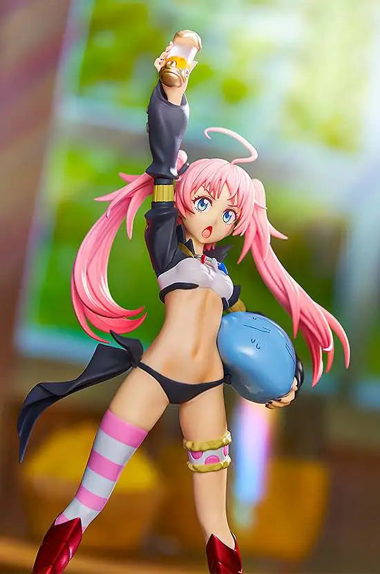 Good Smile Company's POP UP PARADE: That Time I Got Reincarnated as a Slime - Milim Nava figure features the pink-haired character in black, holding a drink and blue creature, posed dynamically with a colorful background.