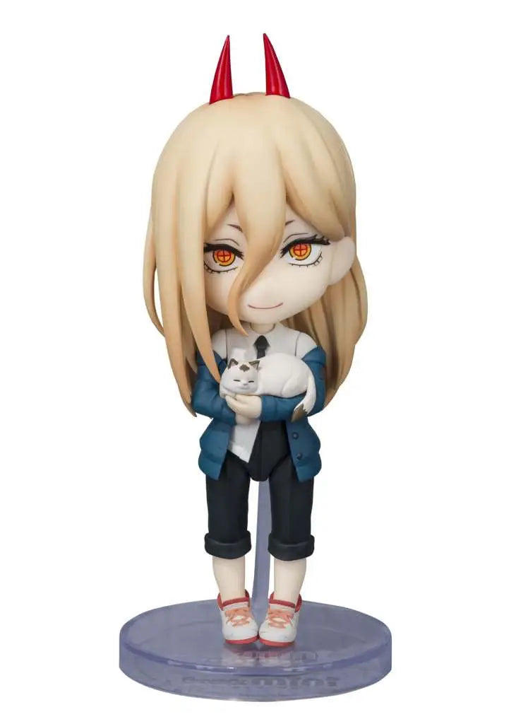 The Tamashii Nations Chainsaw Man: Power Figuarts mini action figure (9 cm) by Bandai Tamashii Nations features Power with long blonde hair, red horns, orange eyes, holding a white cat on a clear round base.