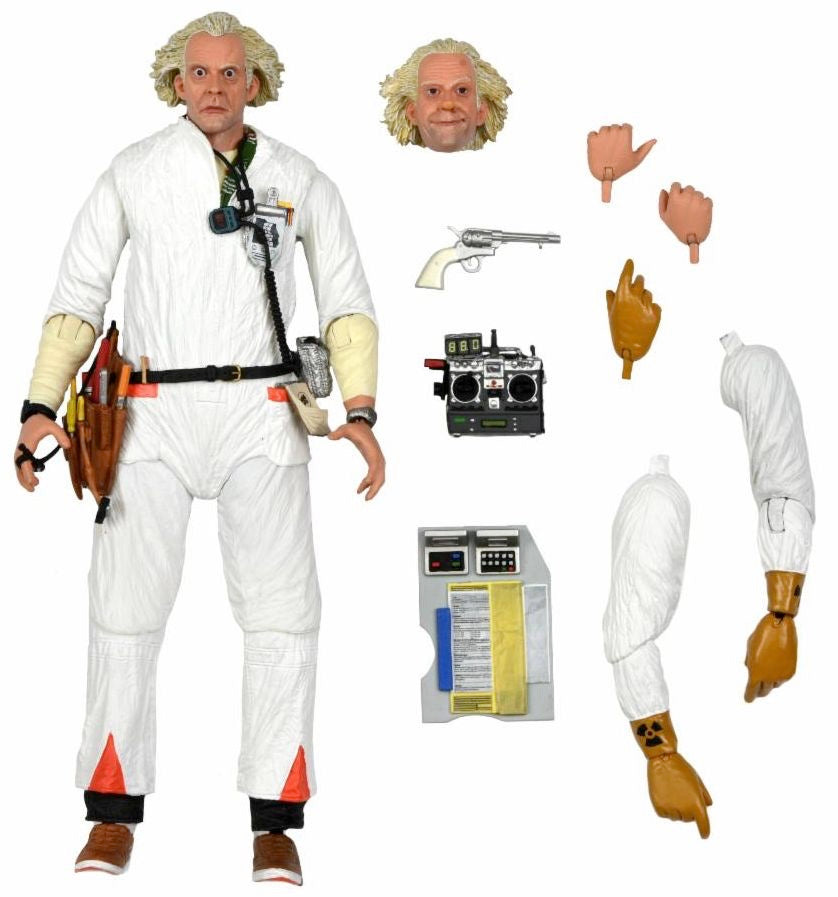 The NECA Back to the Future Ultimate 1985 Doc Brown Hazmat Suit Action Figure (7 inch) includes interchangeable head, hands, arms, pistol, remote control, and device accessory—all displayed on a white background.