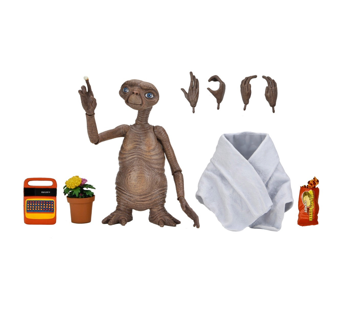 The NECA E.T. The Extra-Terrestrial 40th Anniversary Ultimate E.T. Action Figure (7 inch scale) features E.T. with one finger raised plus three extra hands, a white robe, Reese's Pieces, a potted plant, and a Speak & Spell for collectors.