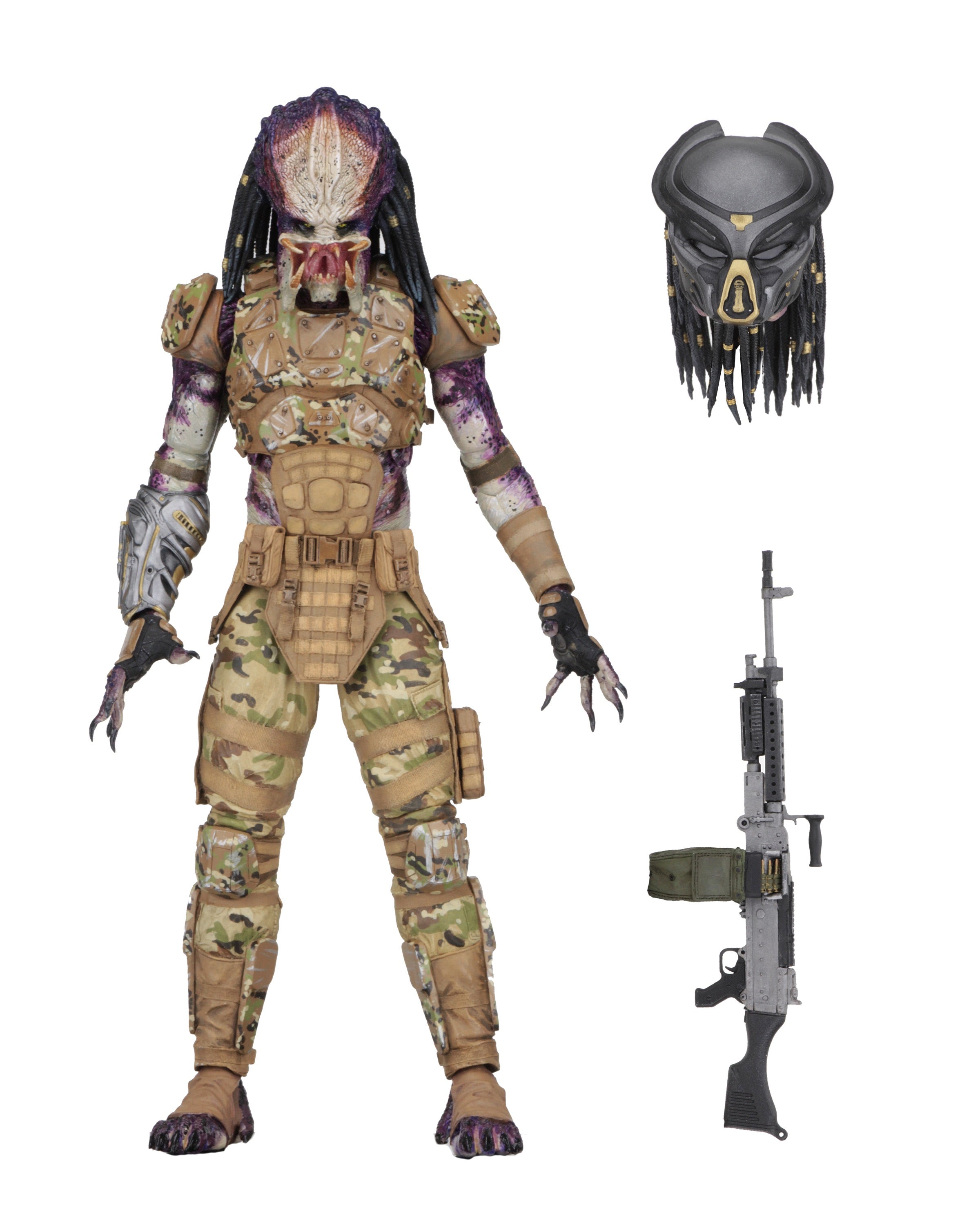 NECA The Predator (2018) Emissary #1 Ultimate 7-inch Action Figure features tan camo armor, a removable helmet, and includes a detailed rifle accessory for display.