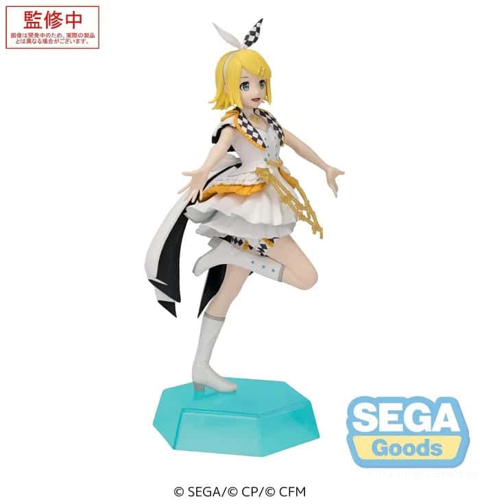 The Sega Desktop x Decorate: Hatsune Miku: Colorful Stage! Kagamine Rin (Stage Sekai) by SEGA features Kagamine Rin in a white and yellow outfit, posed on one leg on a blue hexagonal base, with the SEGA logo in the bottom right corner.