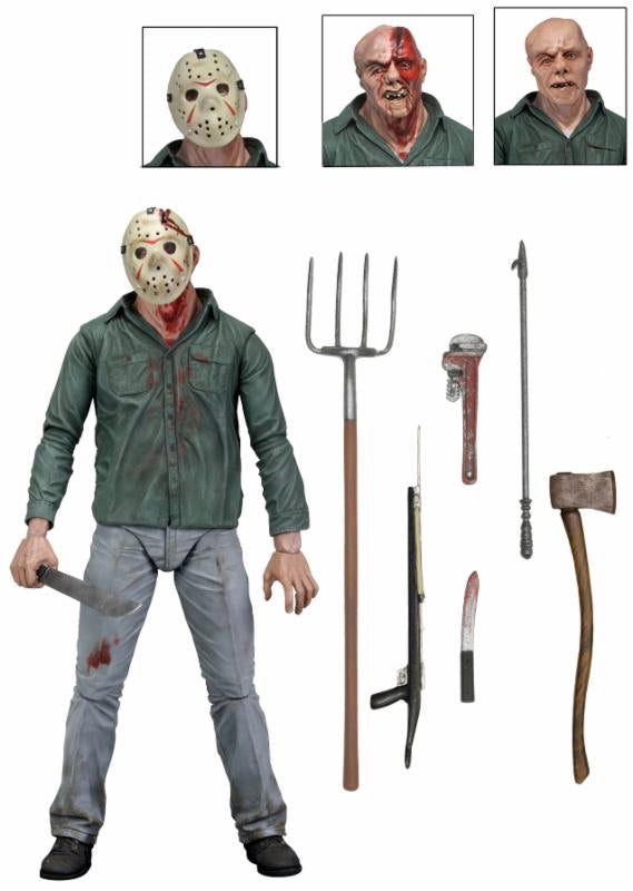 The NECA Friday the 13th Part 3 Jason Voorhees Ultimate 7-inch Action Figure includes interchangeable heads and weapons like a machete, axe, pitchfork, spear, wrench, and knife.
