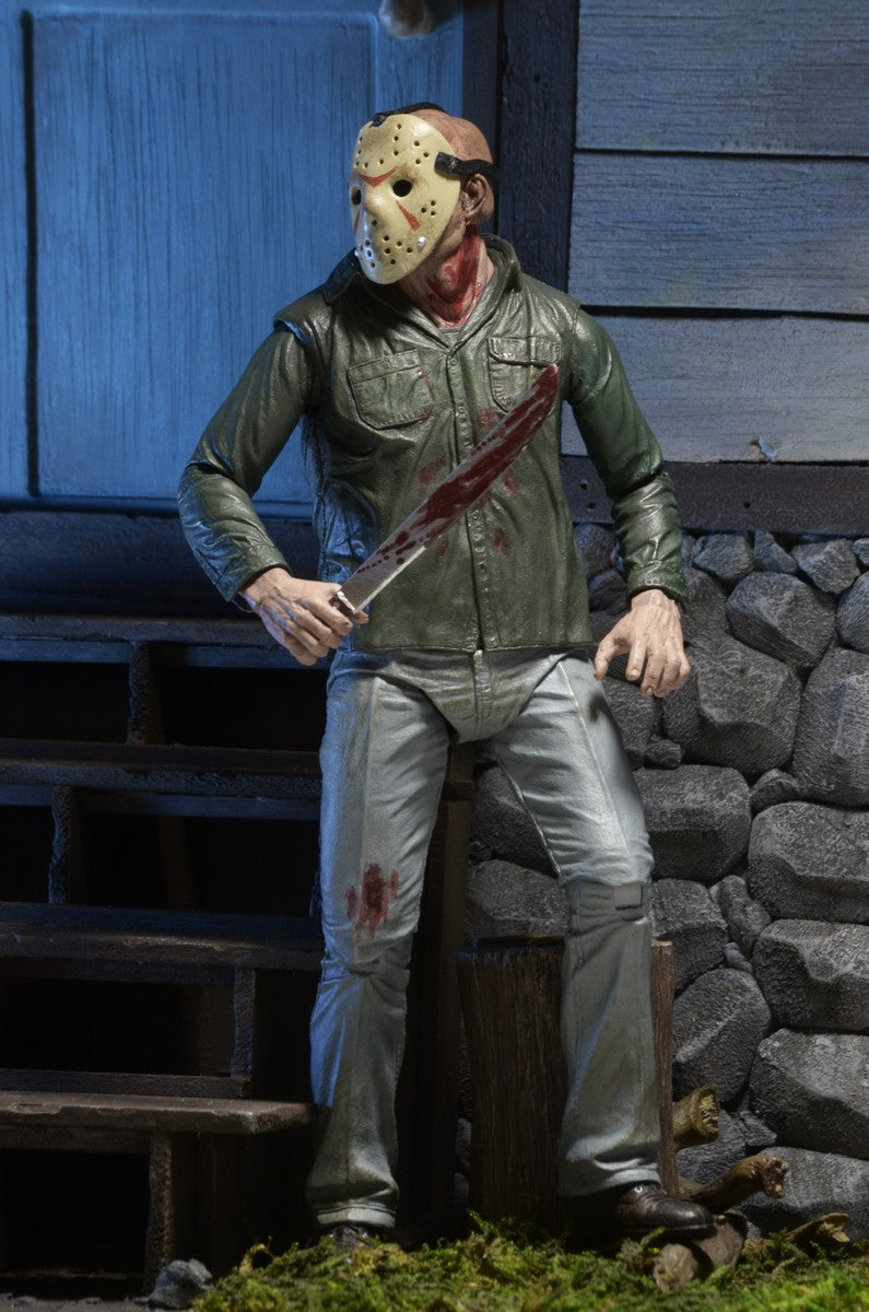 The NECA Friday the 13th Part 3 Jason Voorhees Ultimate Action Figure (7 inch) features Jason in a green jacket and hockey mask, holding a bloody knife by a stone wall—an ideal addition to any NECA horror collection.