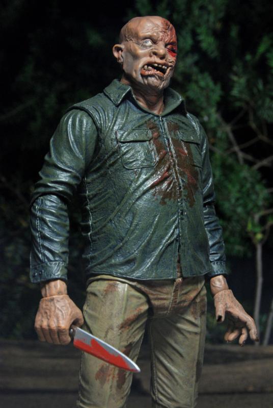 The NECA Friday the 13th Part IV: The Final Chapter Jason Voorhees Ultimate Action Figure (7 inch) features Jason with a deformed face, bloody wounds, bloodied knife, dirty green shirt, and tan pants—an ideal addition to any horror collection.