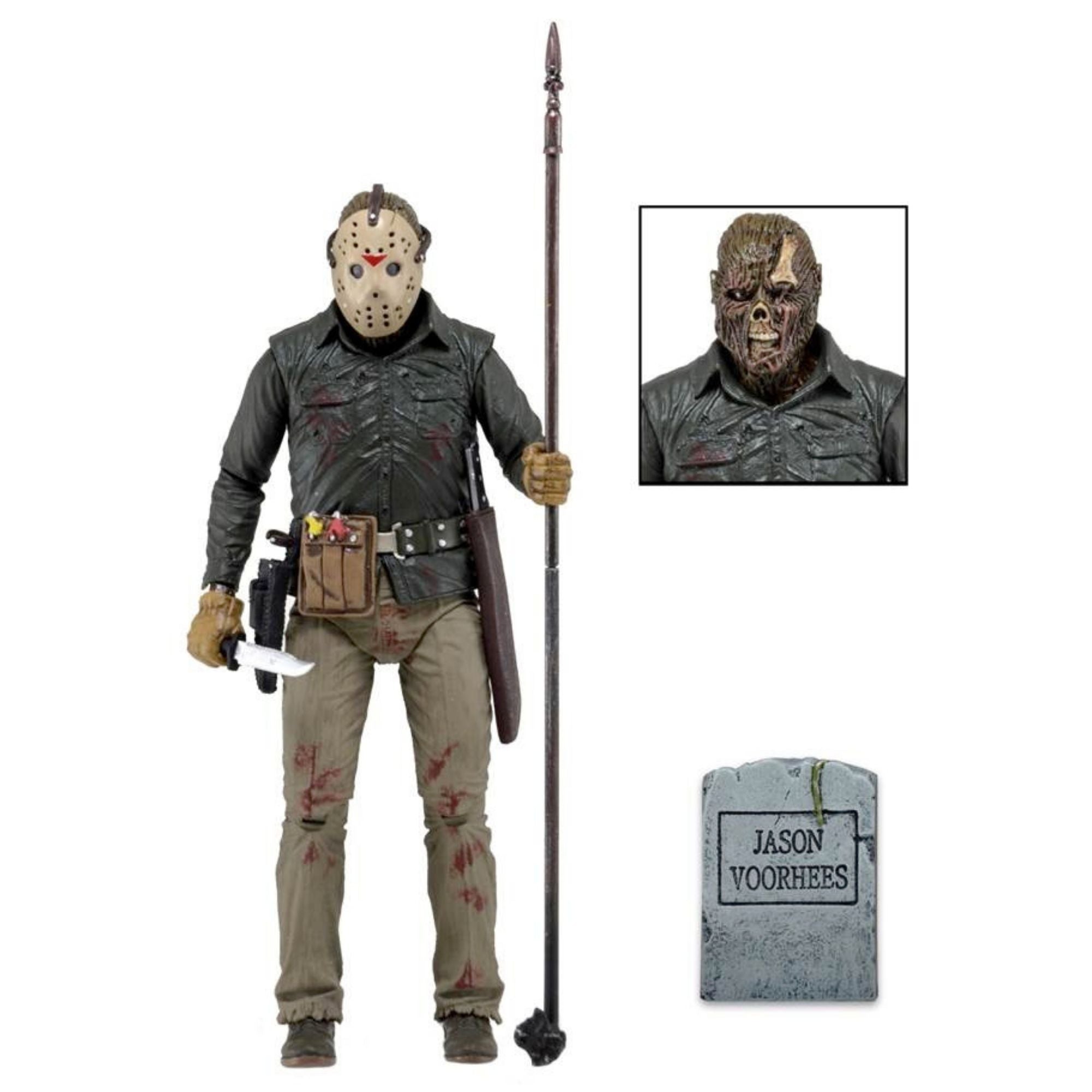 The NECA Friday the 13th Part 6 Ultimate Jason Lives 7-inch action figure features masked and unmasked Jason heads, spear, knife, belt holster, and a "Jason Voorhees" tombstone accessory.