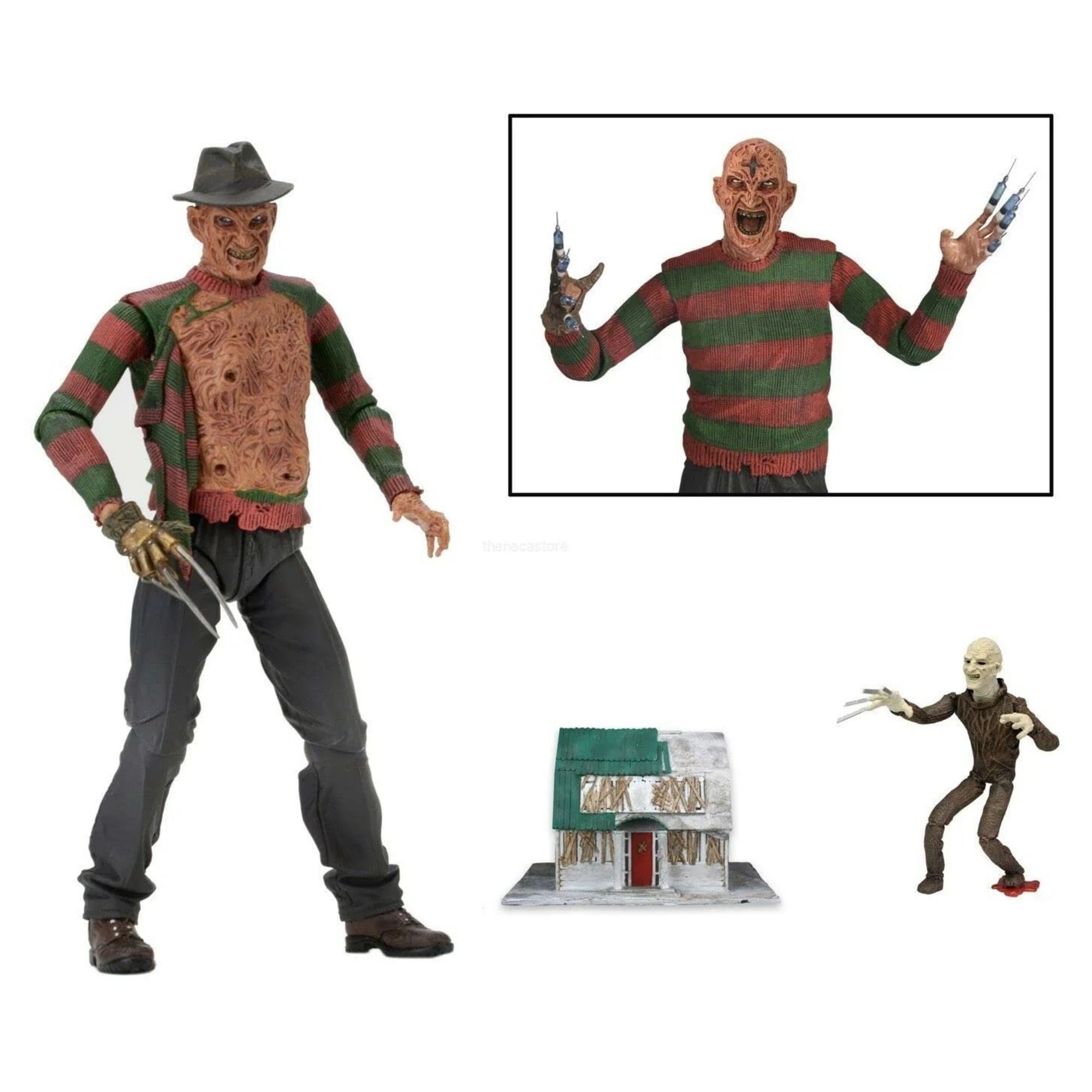 The NECA A Nightmare on Elm Street 3 Ultimate Dream Warriors Freddy Action Figure (7 inch) features Freddy’s striped sweater, hat, and clawed glove, plus accessories like a mini house and monster figure with claws. Brand: NECA.