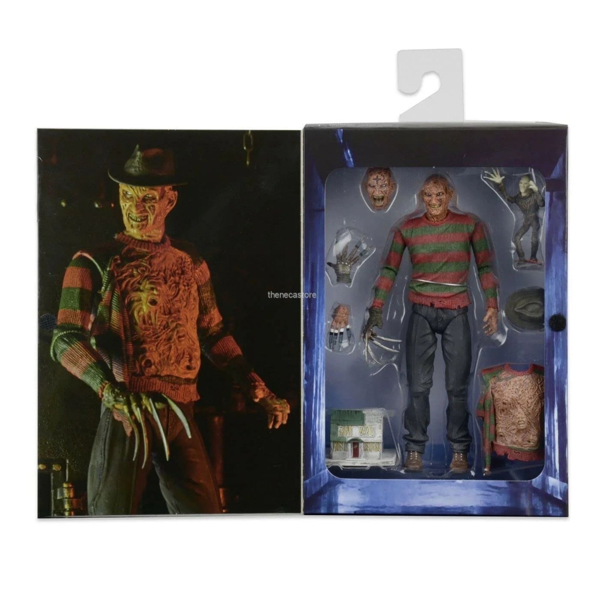 The NECA A Nightmare on Elm Street 3 Ultimate Dream Warriors Freddy Action Figure (7 inch) is boxed with extra heads, hands, and accessories. The left side shows the NECA collectible in a threatening pose.