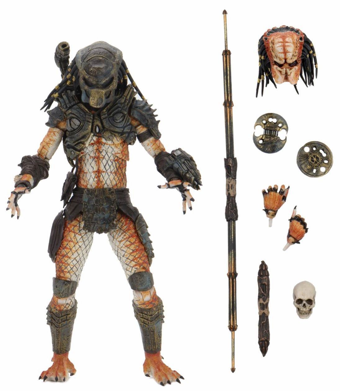 The NECA Predator 2 Stalker Ultimate Action Figure (7 inch) by NECA features detailed armor, interchangeable hands, mask, weapons, accessories, and a skull, all shown on a white background.