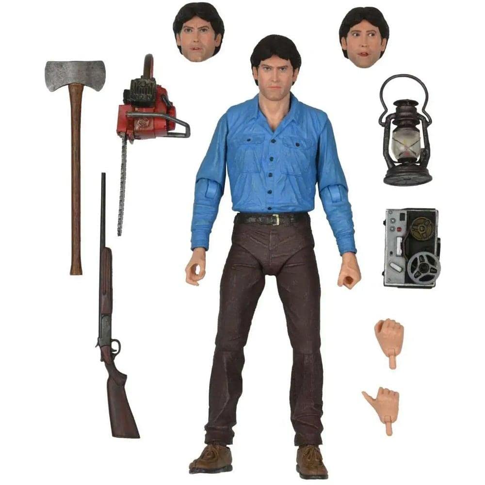 Celebrate The Evil Dead with NECA’s 7-inch Ultimate 40th Anniversary Ash Action Figure, featuring a blue shirt, brown pants, 3 alternate heads, axe, chainsaw, lantern, shotgun, tape recorder & extra hands—a must-have for fans!.