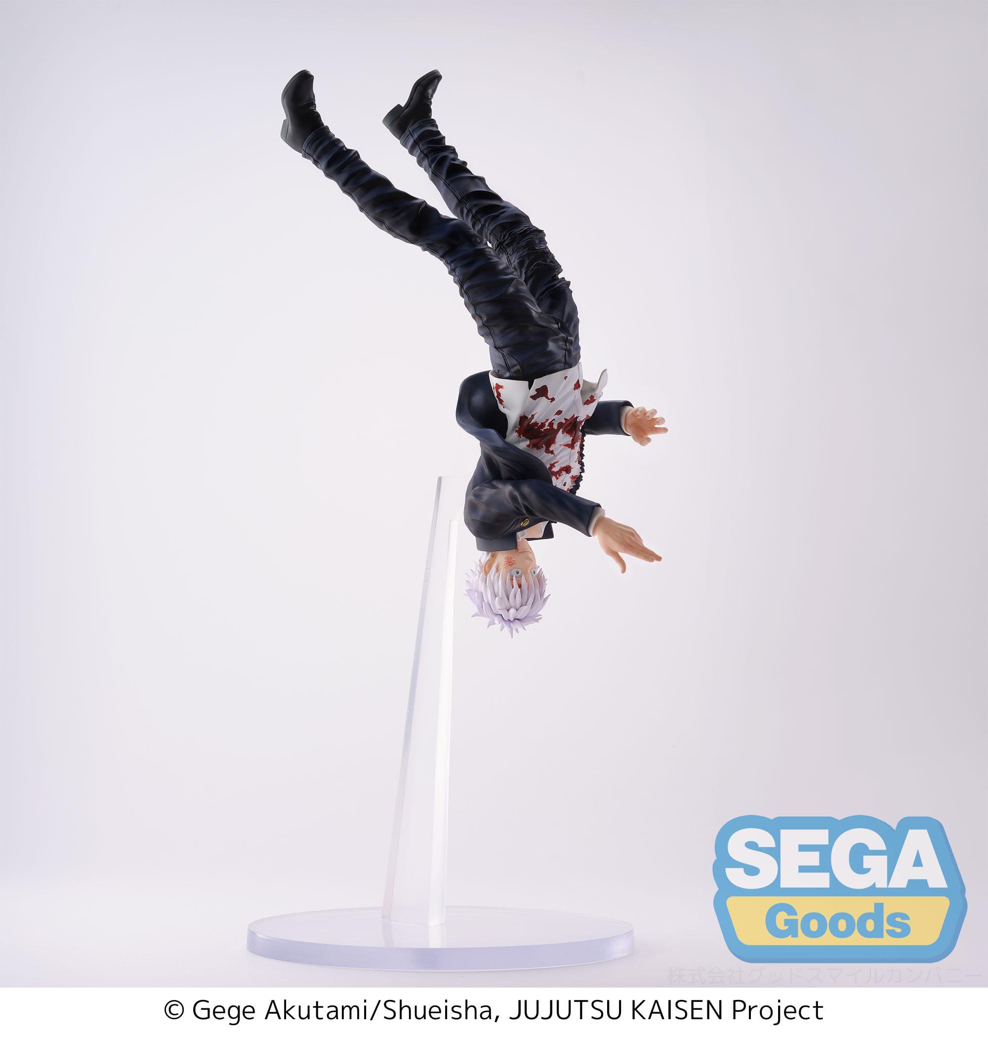The SEGA Jujutsu Kaisen Hidden Inventory/Premature Death Figurizm Satoru Gojo Cursed Technique Reversal: Red PVC Statue (24 cm) shows white-haired Gojo in black attire with blood stains, displayed upside down on a clear stand. The SEGA logo is at the bottom right.