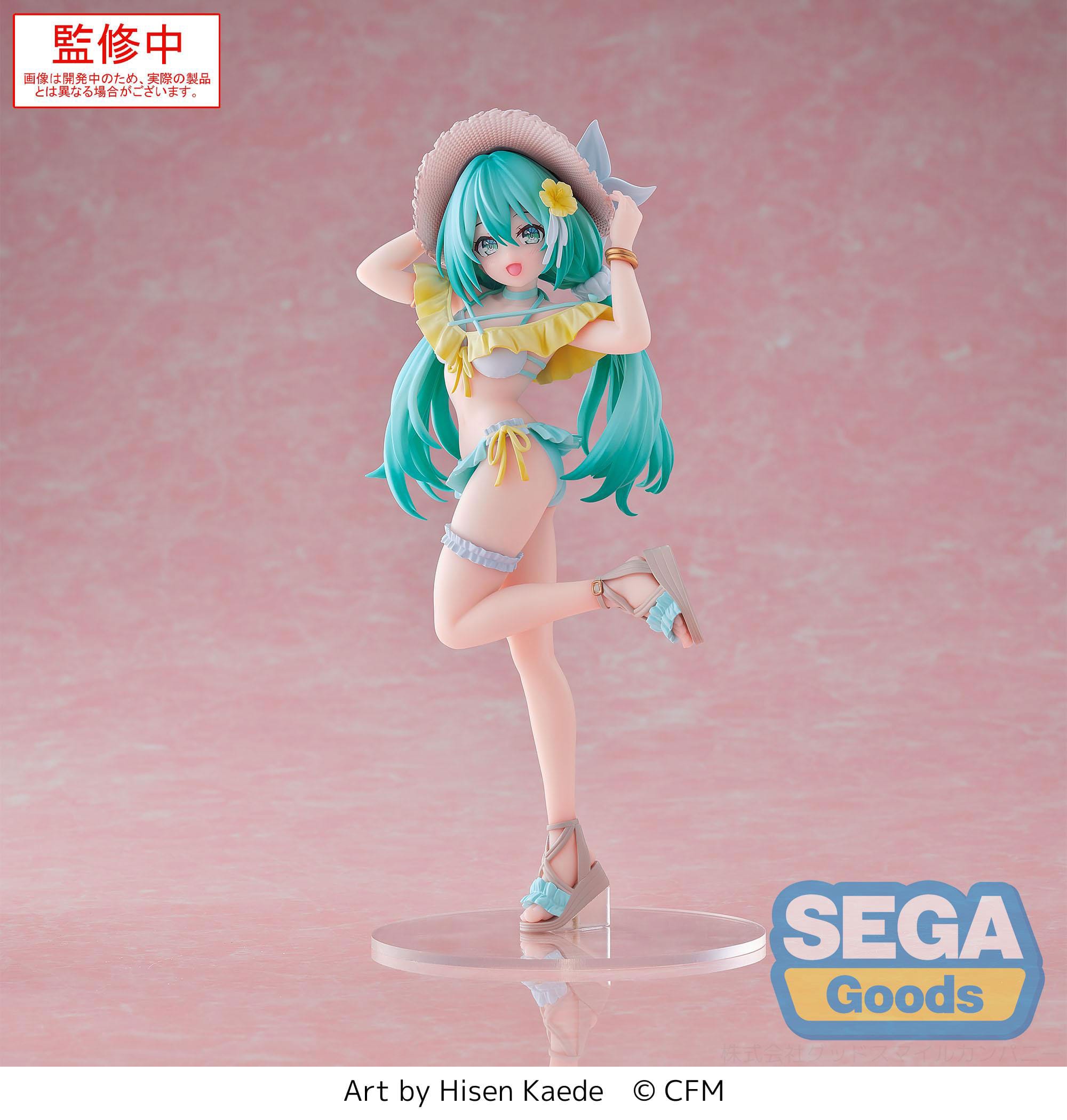 The SEGA Hatsune Miku Series Luminasta: Hatsune Miku Conceptual Series Vol.1 PVC Statue features a turquoise-haired figure in a playful pastel beach outfit and sunhat on a clear base, with art by Hisen Kaede.