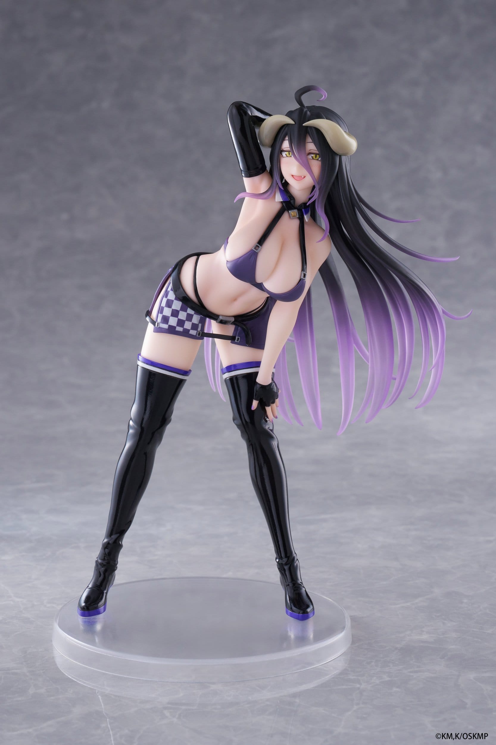The Taito Coreful Albedo Grid Girl Version PVC Statue (18 cm) by Taito features Albedo with long black and purple hair, striped horns, a revealing outfit, thigh-high boots, a mischievous smile, and stands on a clear circular base.