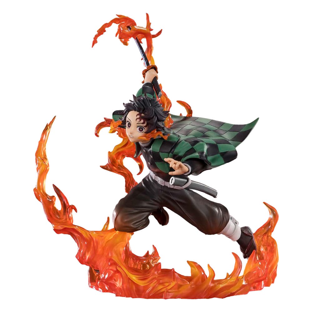 The Bandai Tamashii Nations Demon Slayer: Kimetsu no Yaiba FiguartsZERO PVC Statue Kamado Tanjiro (Kyojuro Rengoku's Sword Guard Ver.) stands 19 cm tall, depicting Tanjiro in action—perfect for anime figure collectors.