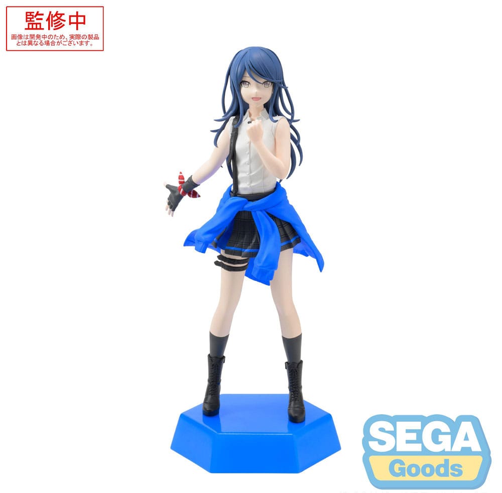 The SEGA Hatsune Miku: Colorful Stage! Desktop x Decorate Collections Hoshino Ichika PVC Statue (16 cm) features blue-haired Ichika on a blue base, in a white shirt, black skirt, blue waist jacket, black boots, holding a small red item.