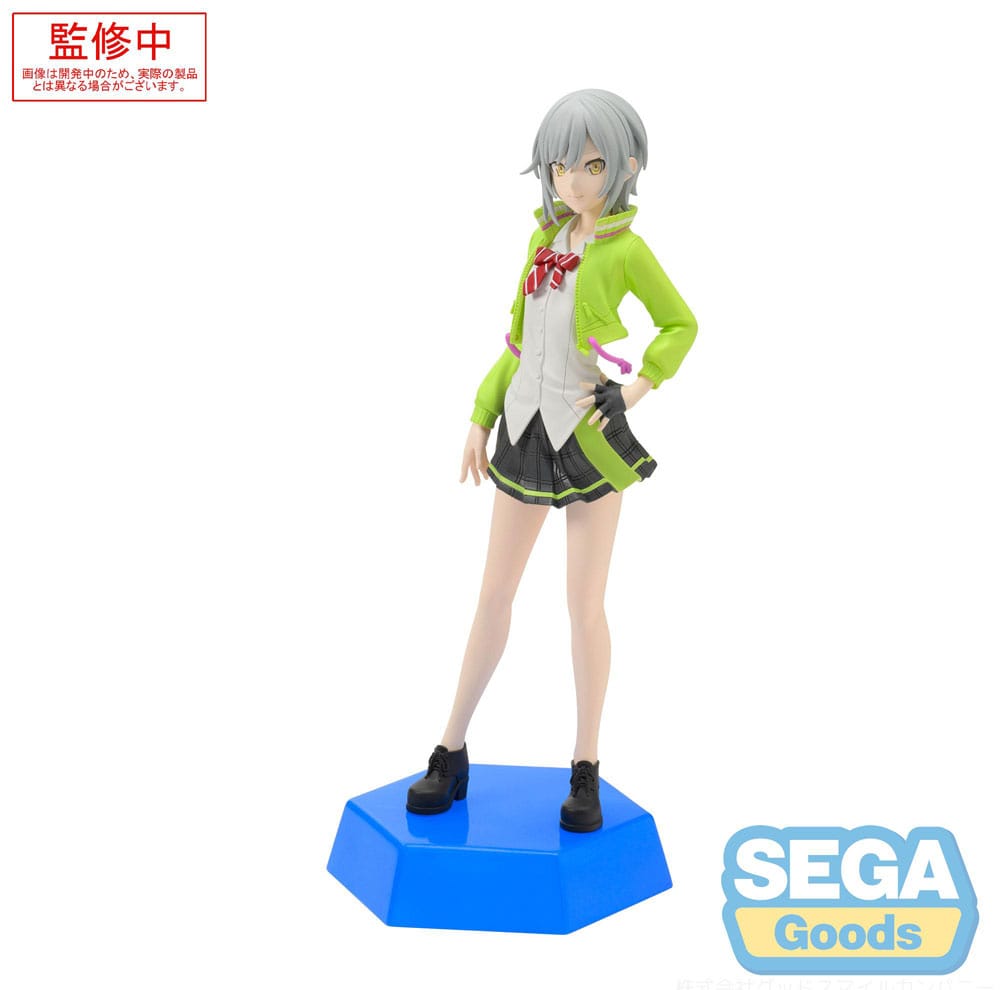 The SEGA Hatsune Miku: Colorful Stage! Desktop x Decorate Collections Hinomori Shiho PVC Statue (16 cm) features Shiho with short gray hair, green jacket, red bow, black skirt and shoes, on a blue hexagonal base. SEGA logo bottom right.